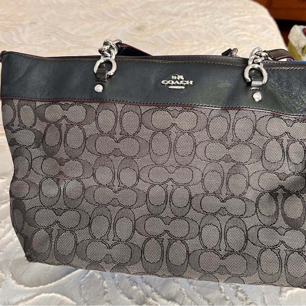 Coach Bag, black and grey with silver chains and accents. Good condition